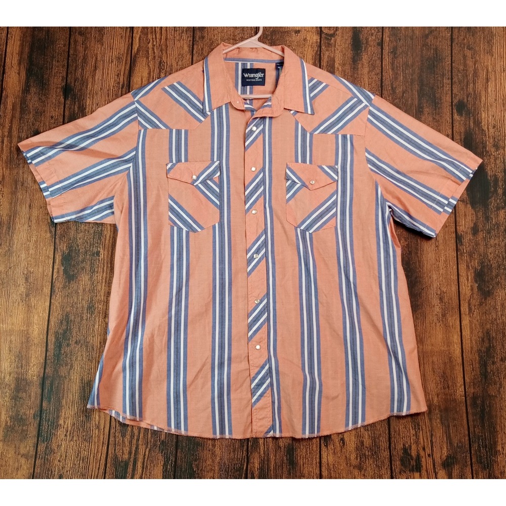 Wrangler Western Shirt Mens XXL Peach Orange Blue Striped Short Sleeve Snap